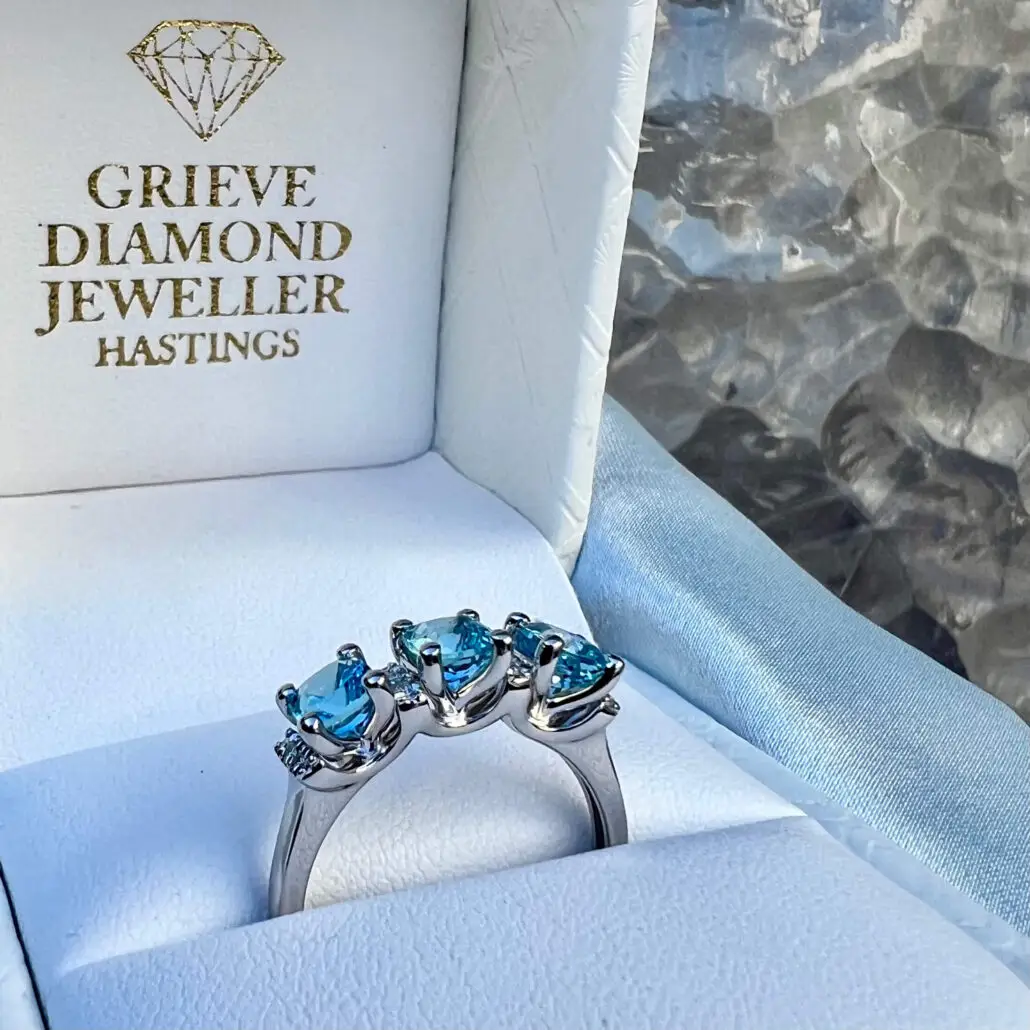 9ct White Gold Diamond 3 stone Blue Topaz Ring