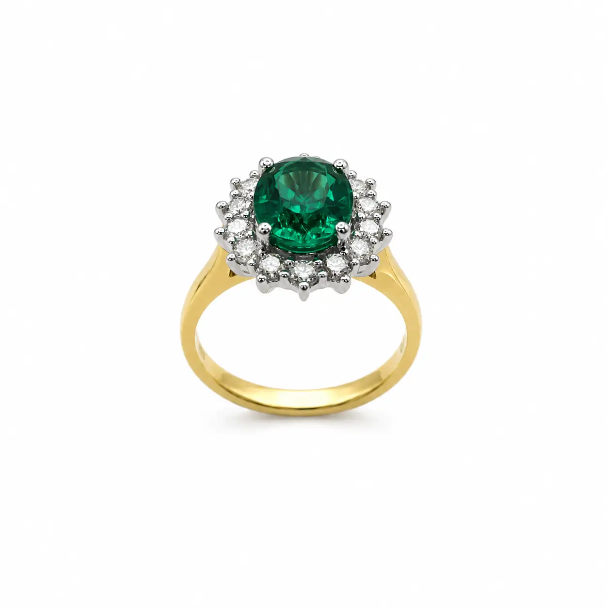 18ct Yellow Gold Recrystallized Emerald & Dia Cluster Ring