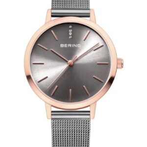 Bering Ladies Rose Gold-Tone Mesh Bracelet Black Dial Watch