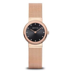 Bering Ladies Rose Gold-Tone Mesh Bracelet Black Dial Watch