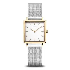 Bering Ladies White Square Dial Gold-Tone Case Mesh Watch