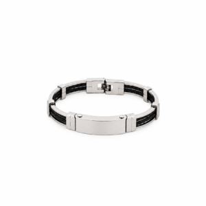 Stainless Steel Bracelet with Double Strand Braided Black Leather