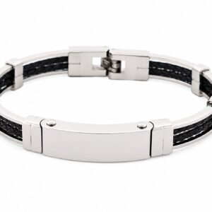 Stainless Steel Bracelet with Double Strand Braided Black Leather